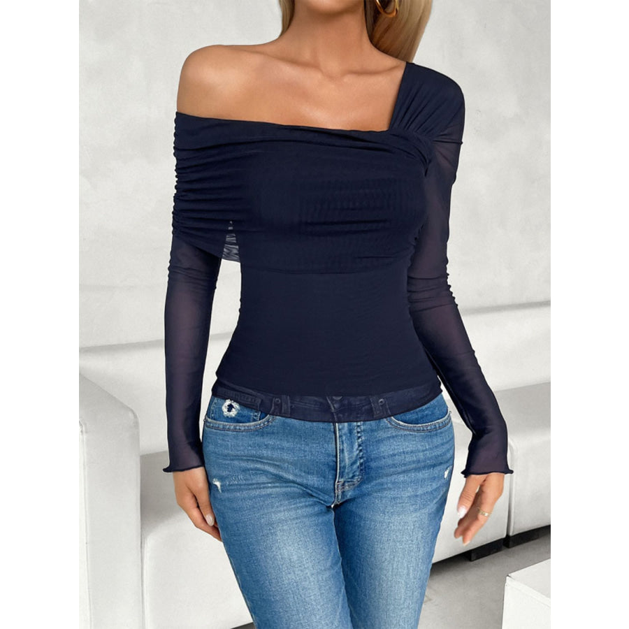 Ruched Asymmetrical Long Sleeve T-Shirt Dark Blue / S Apparel and Accessories