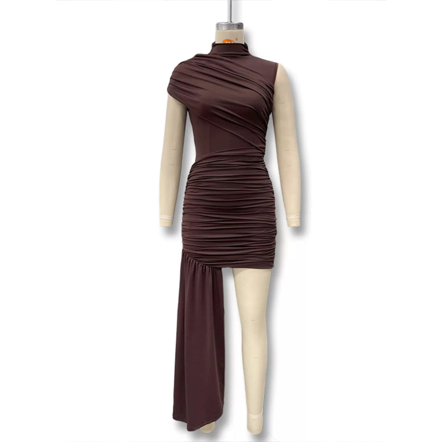 Ruched Asymmetrical Mock Neck Dress Apparel and Accessories