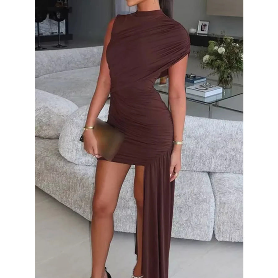 Ruched Asymmetrical Mock Neck Dress Dark Brown / S Apparel and Accessories