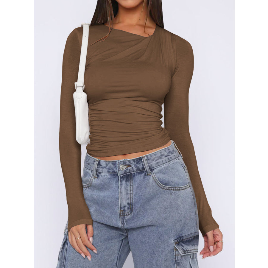 Ruched Asymmetrical Neck Long Sleeve T-Shirt Apparel and Accessories