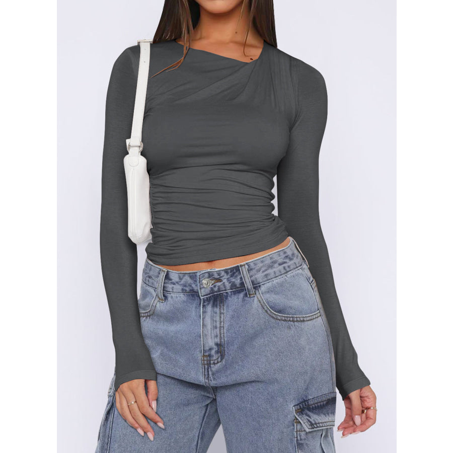 Ruched Asymmetrical Neck Long Sleeve T-Shirt Apparel and Accessories