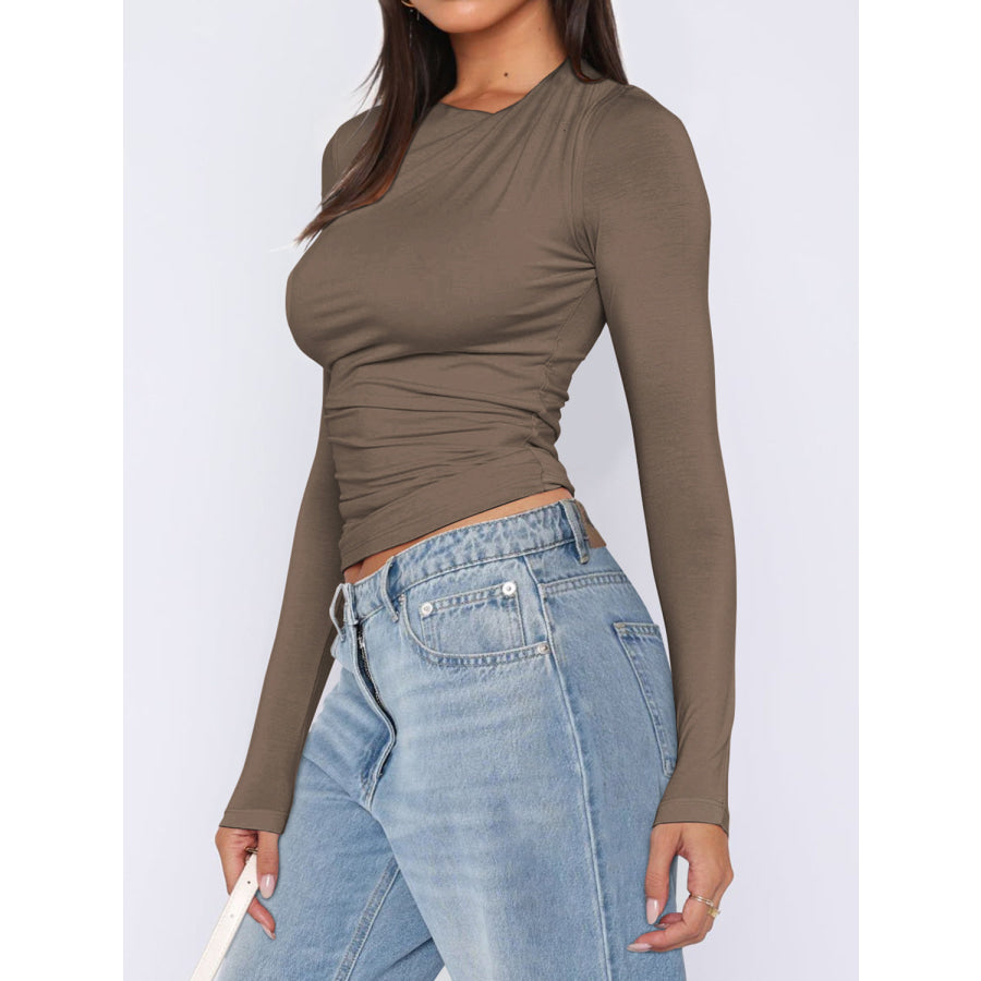 Ruched Asymmetrical Neck Long Sleeve T-Shirt Apparel and Accessories