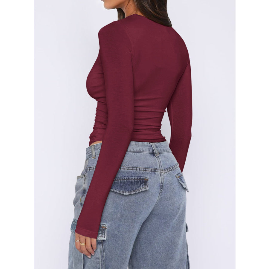 Ruched Asymmetrical Neck Long Sleeve T-Shirt Apparel and Accessories