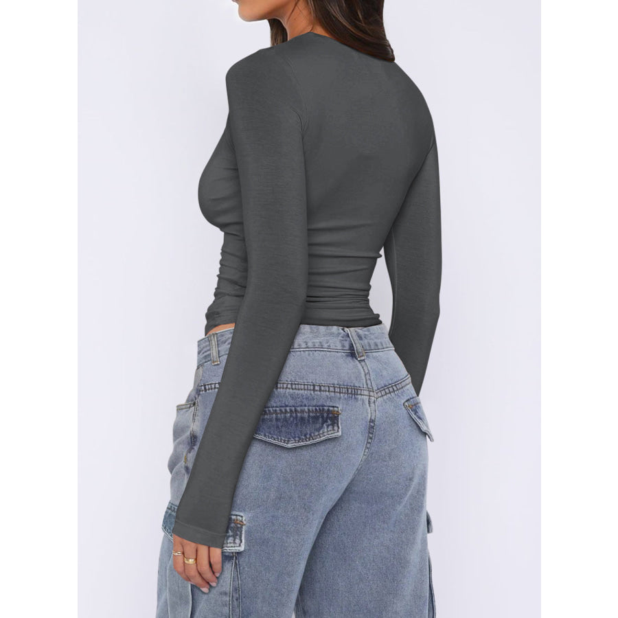 Ruched Asymmetrical Neck Long Sleeve T-Shirt Apparel and Accessories