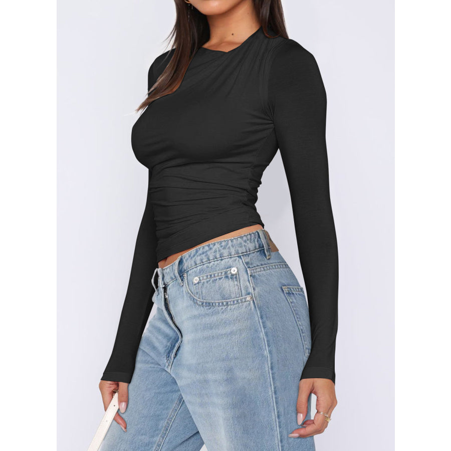 Ruched Asymmetrical Neck Long Sleeve T-Shirt Apparel and Accessories