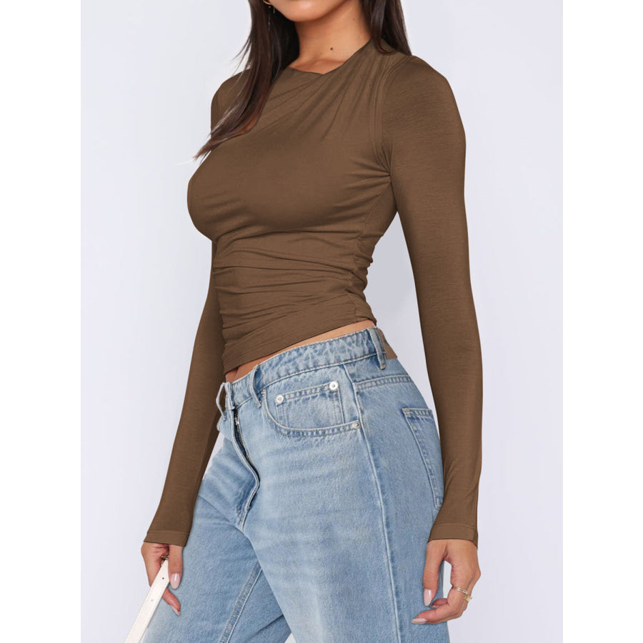 Ruched Asymmetrical Neck Long Sleeve T-Shirt Apparel and Accessories