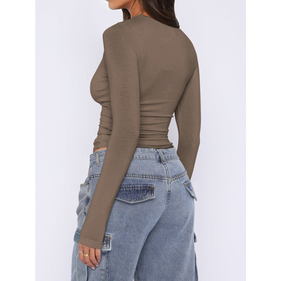 Ruched Asymmetrical Neck Long Sleeve T-Shirt Apparel and Accessories