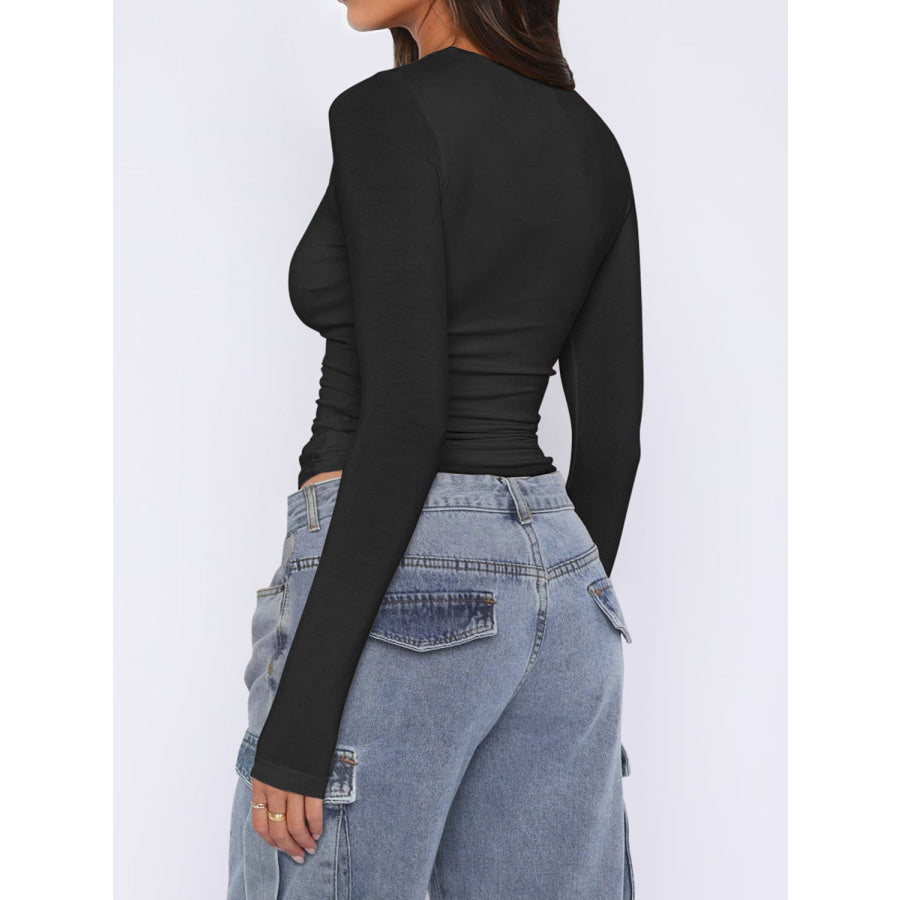 Ruched Asymmetrical Neck Long Sleeve T-Shirt Black / S Apparel and Accessories