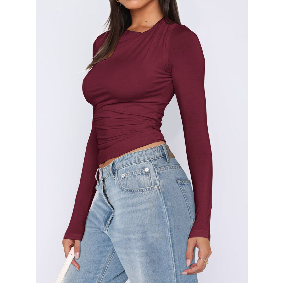 Ruched Asymmetrical Neck Long Sleeve T-Shirt Burgundy / S Apparel and Accessories