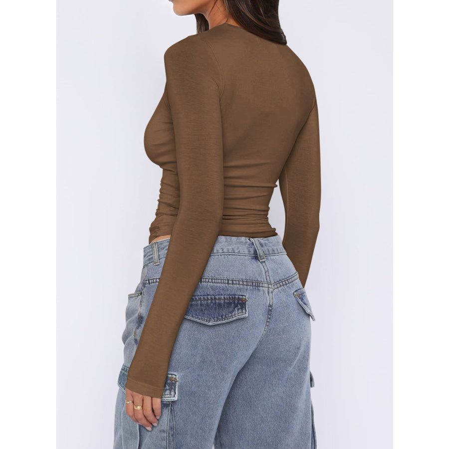 Ruched Asymmetrical Neck Long Sleeve T-Shirt Coffee Brown / S Apparel and Accessories