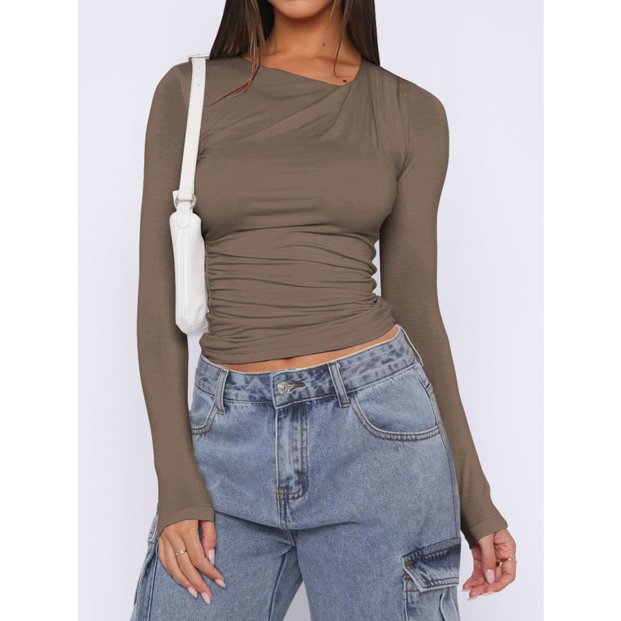 Ruched Asymmetrical Neck Long Sleeve T-Shirt Mocha / S Apparel and Accessories