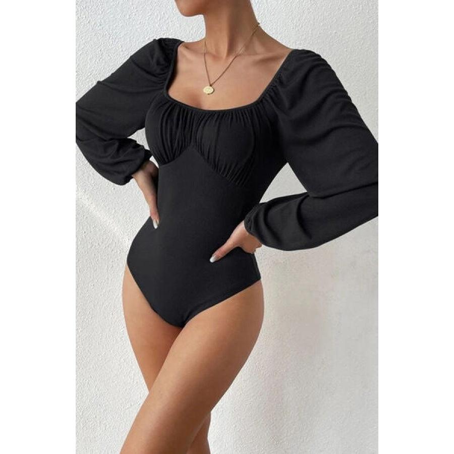 Ruched Balloon Sleeve Bodysuit Black / S Clothing
