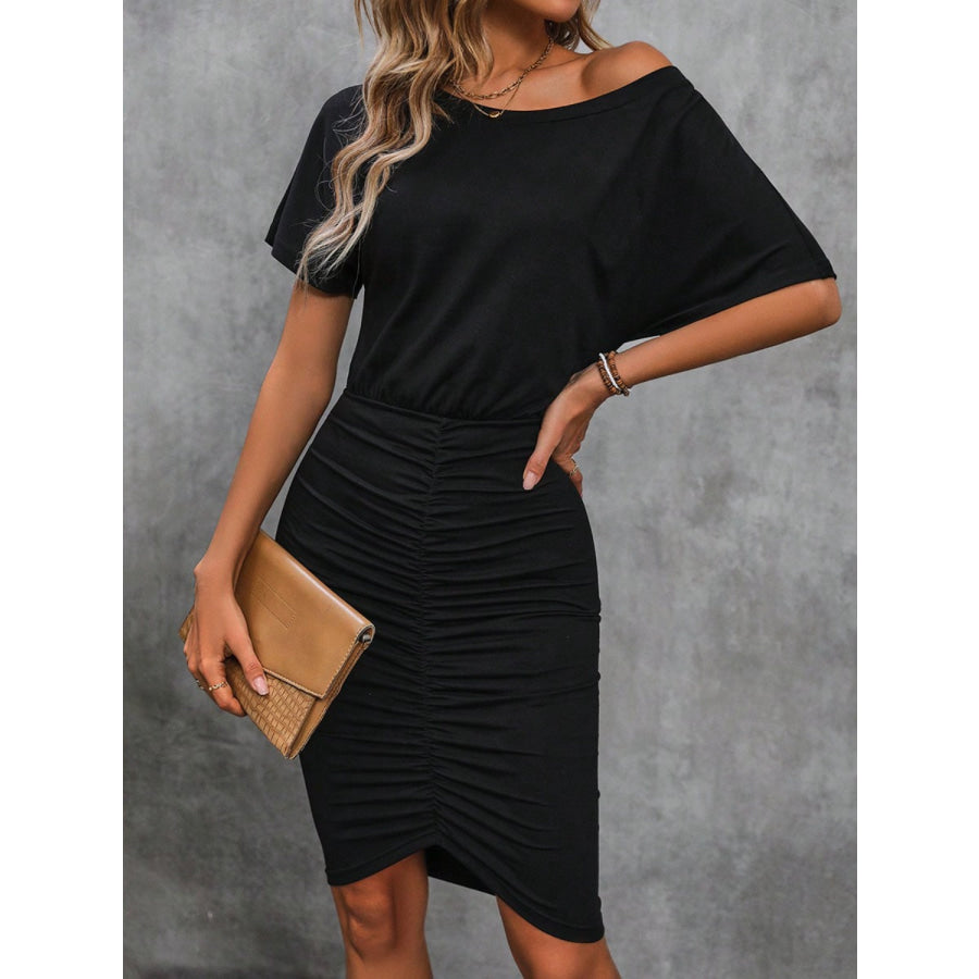 Ruched Boat Neck Short Sleeve Dress Apparel and Accessories