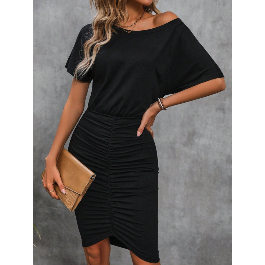 Ruched Boat Neck Short Sleeve Dress Black / S Apparel and Accessories