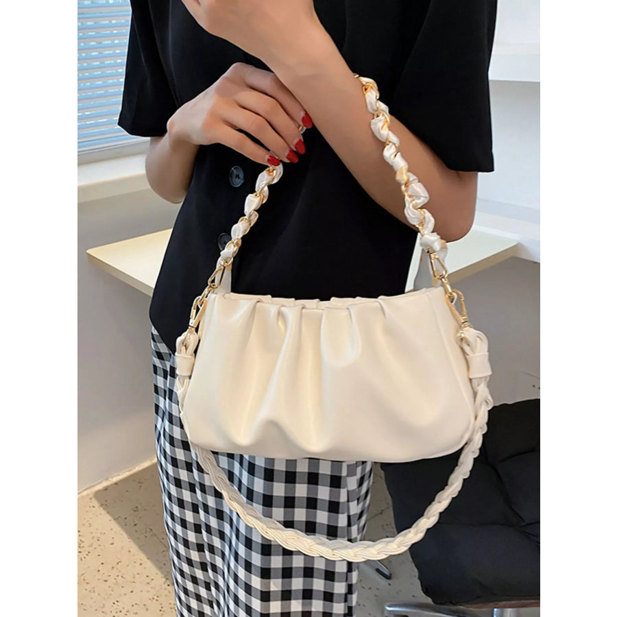 Ruched Braided Handle Shoulder Bag Beige / One Size Apparel and Accessories