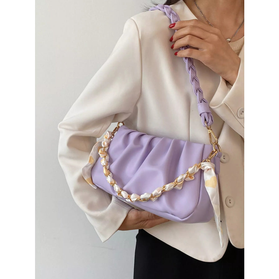 Ruched Braided Handle Shoulder Bag Purple / One Size Apparel and Accessories