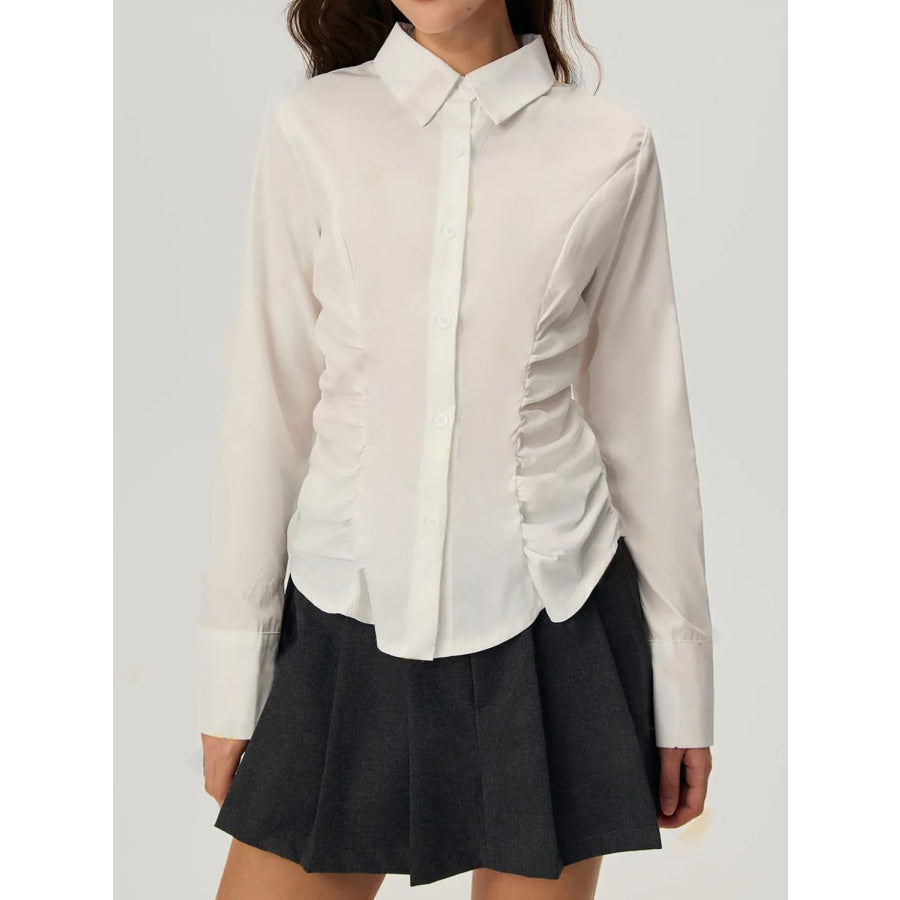 Ruched Button Down Long Sleeve Shirt Apparel and Accessories