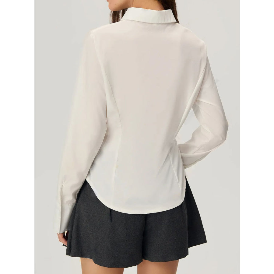 Ruched Button Down Long Sleeve Shirt White / S Apparel and Accessories