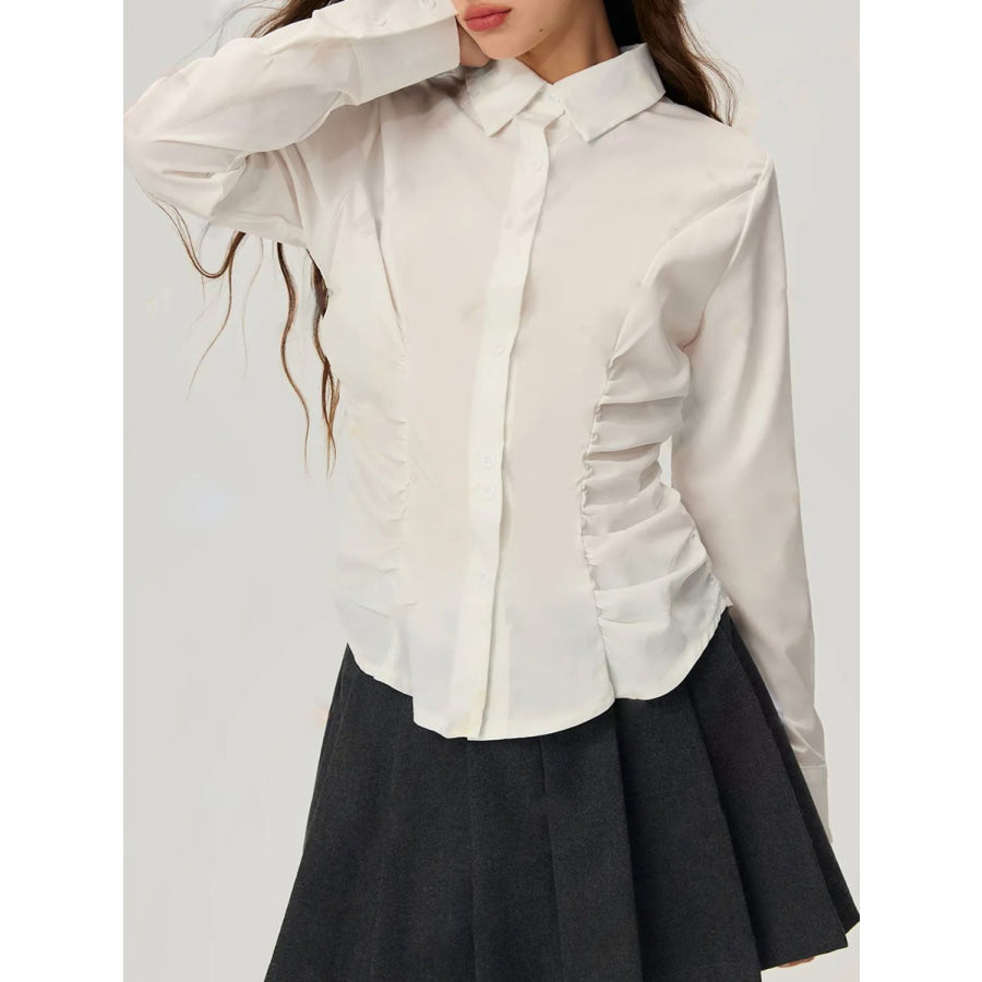 Ruched Button Down Long Sleeve Shirt Apparel and Accessories