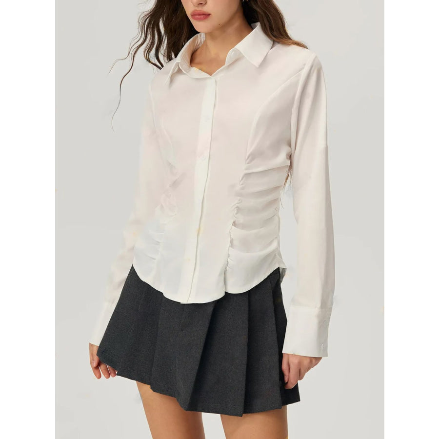 Ruched Button Down Long Sleeve Shirt White / S Apparel and Accessories