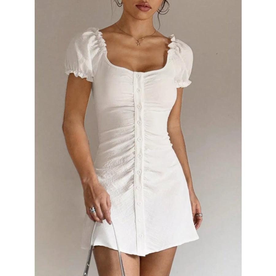 Ruched Button-Front Puff Sleeve Mini Dress Apparel and Accessories