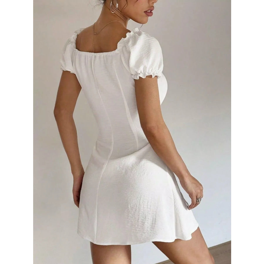 Ruched Button-Front Puff Sleeve Mini Dress Apparel and Accessories
