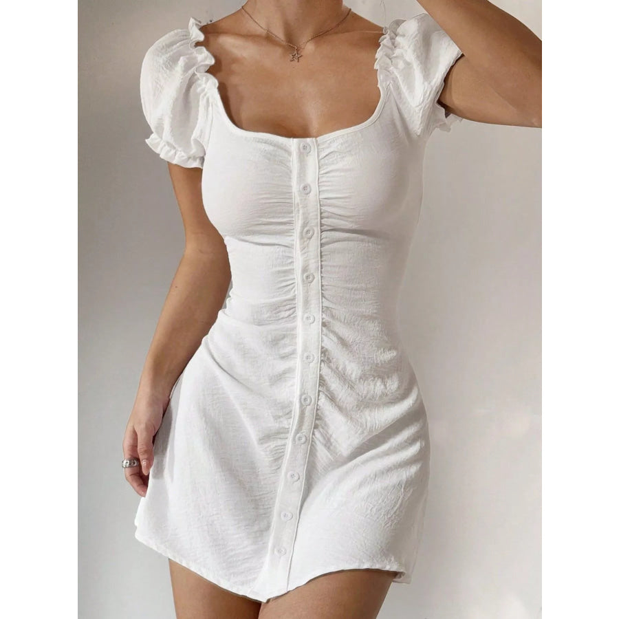 Ruched Button-Front Puff Sleeve Mini Dress White / S Apparel and Accessories