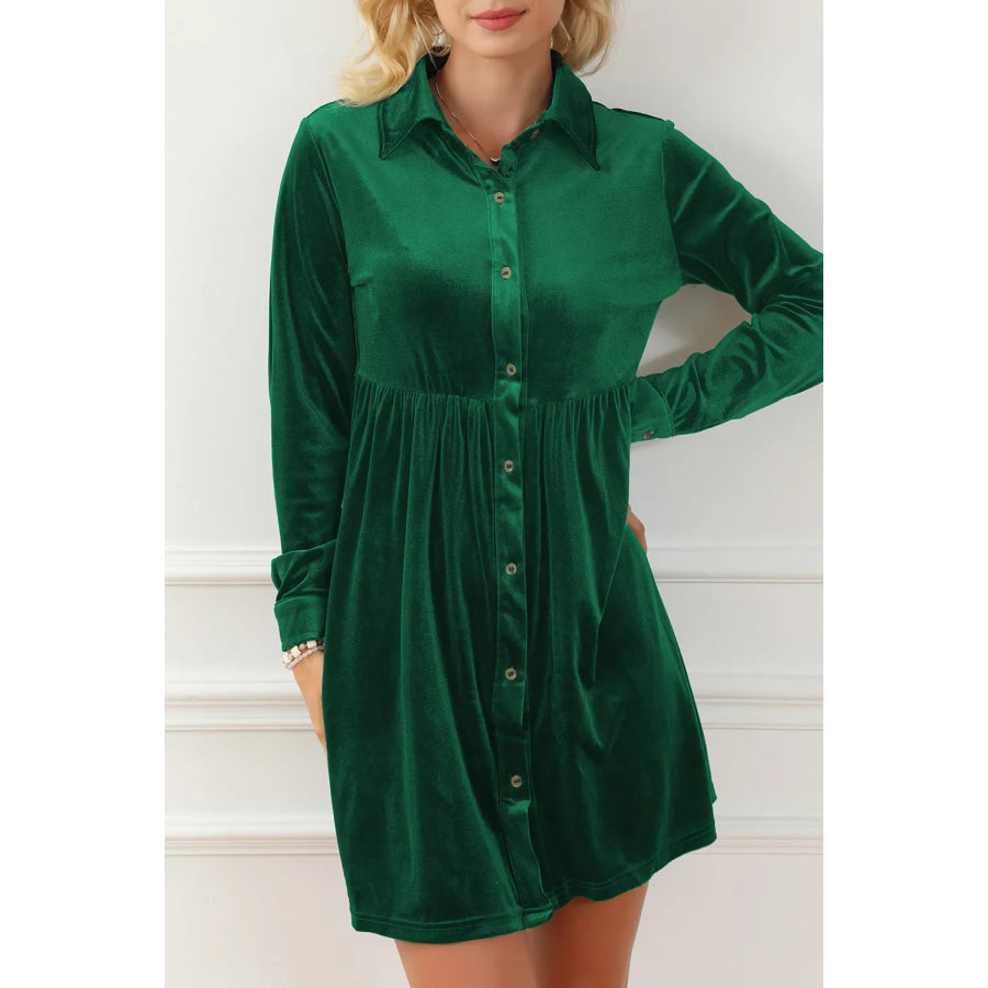 Ruched Button Up Collared Neck Long Sleeve Shirt Dress Green / S Apparel and Accessories