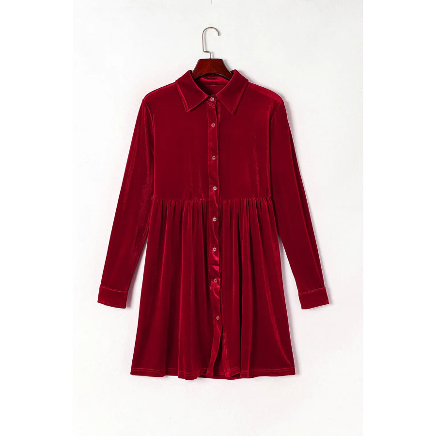 Ruched Button Up Collared Neck Long Sleeve Shirt Dress Scarlet / S Apparel and Accessories