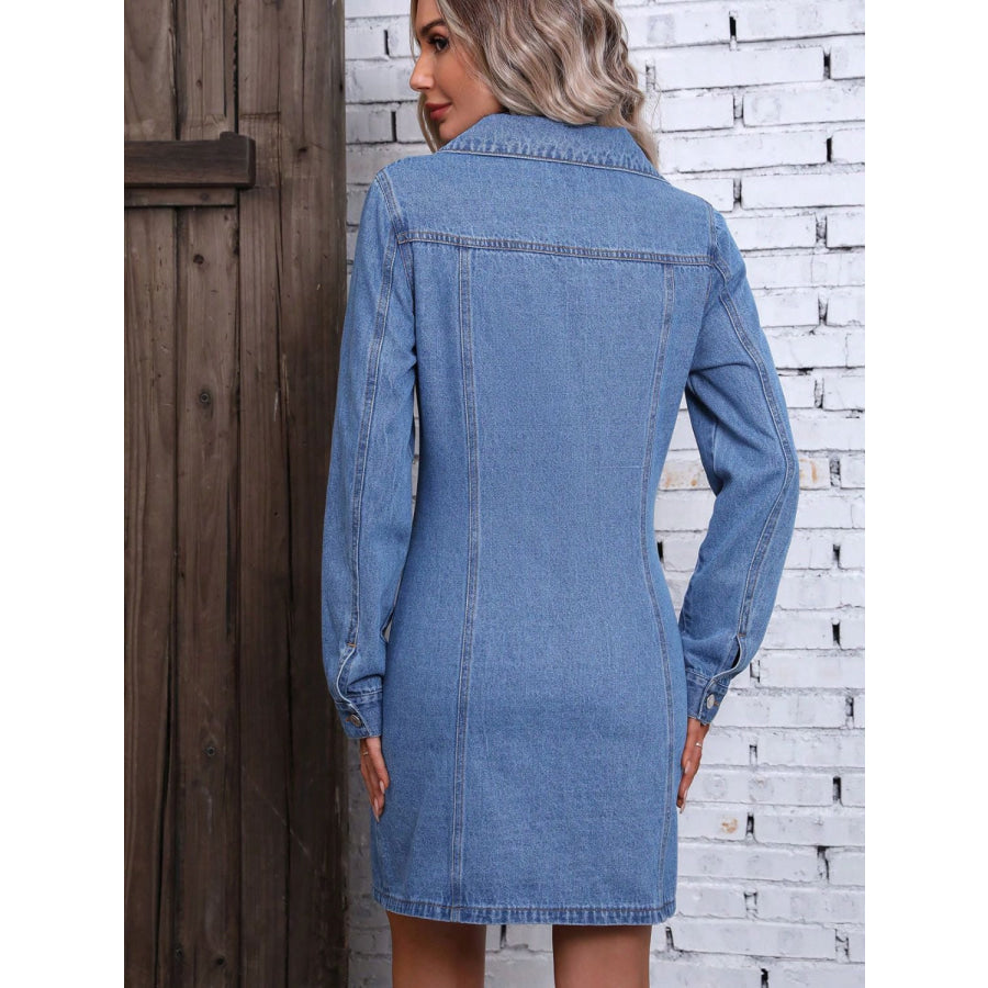 Ruched Button Up Long Sleeve Denim Dress Apparel and Accessories