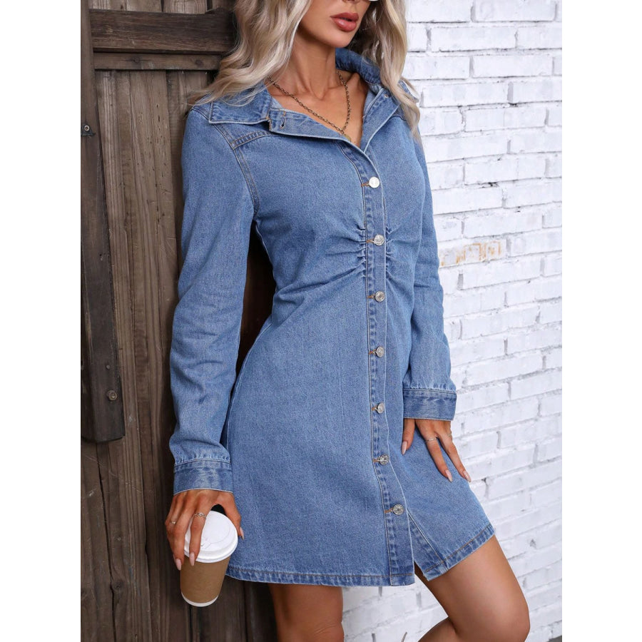 Ruched Button Up Long Sleeve Denim Dress Apparel and Accessories