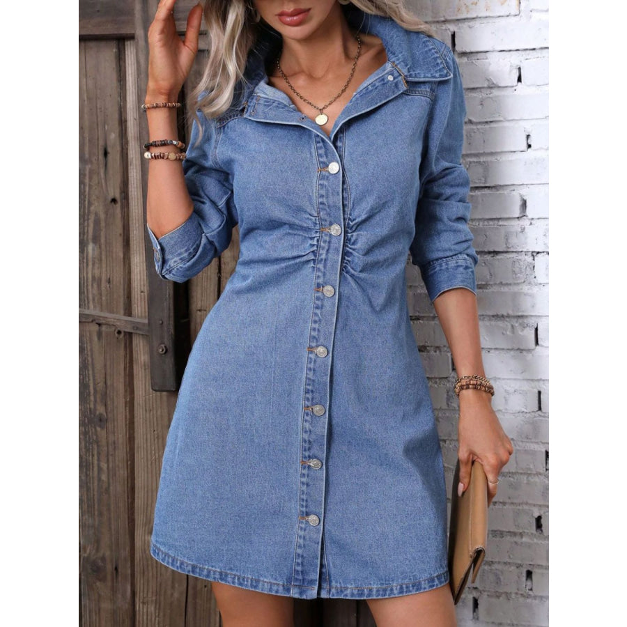 Ruched Button Up Long Sleeve Denim Dress Apparel and Accessories