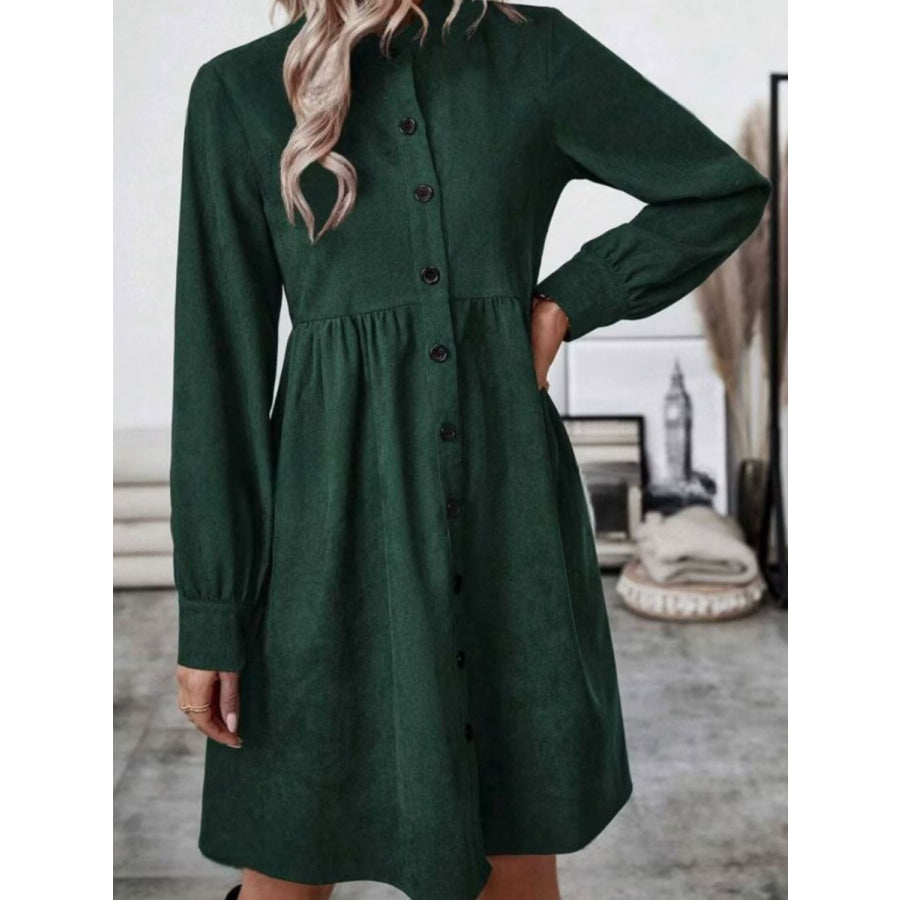 Ruched Button Up Long Sleeve Dress Apparel and Accessories