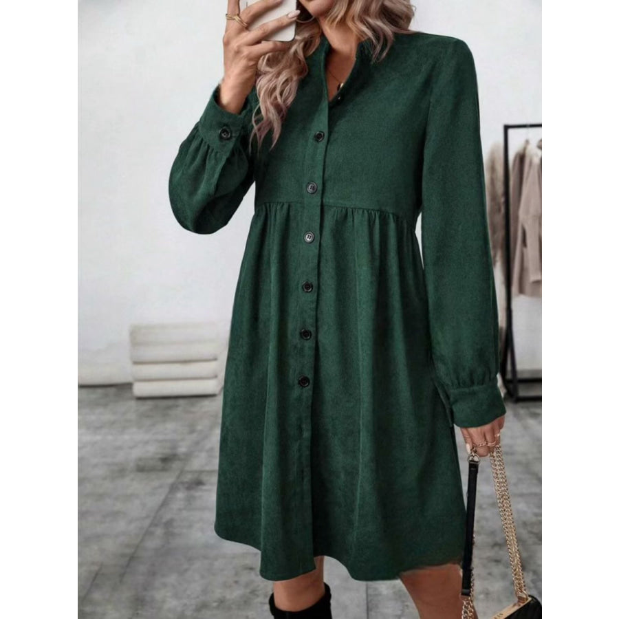 Ruched Button Up Long Sleeve Dress Apparel and Accessories