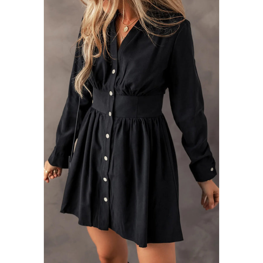 Ruched Button Up Long Sleeve Dress Apparel and Accessories