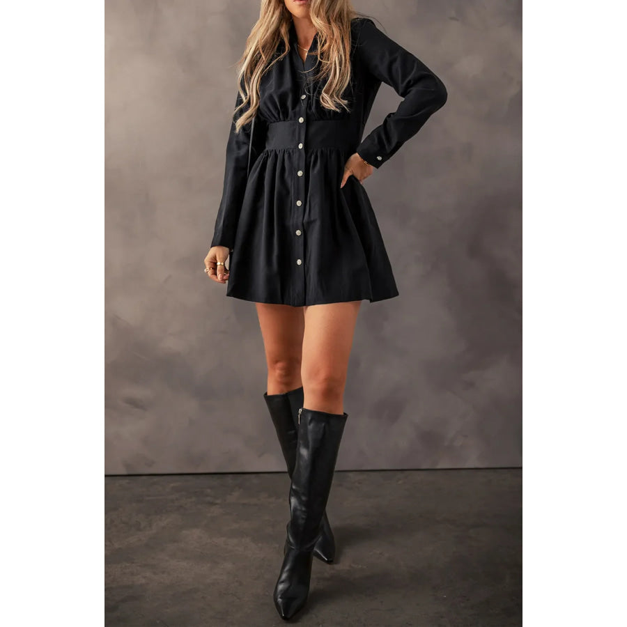 Ruched Button Up Long Sleeve Dress Apparel and Accessories