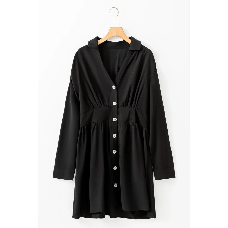 Ruched Button Up Long Sleeve Dress Apparel and Accessories