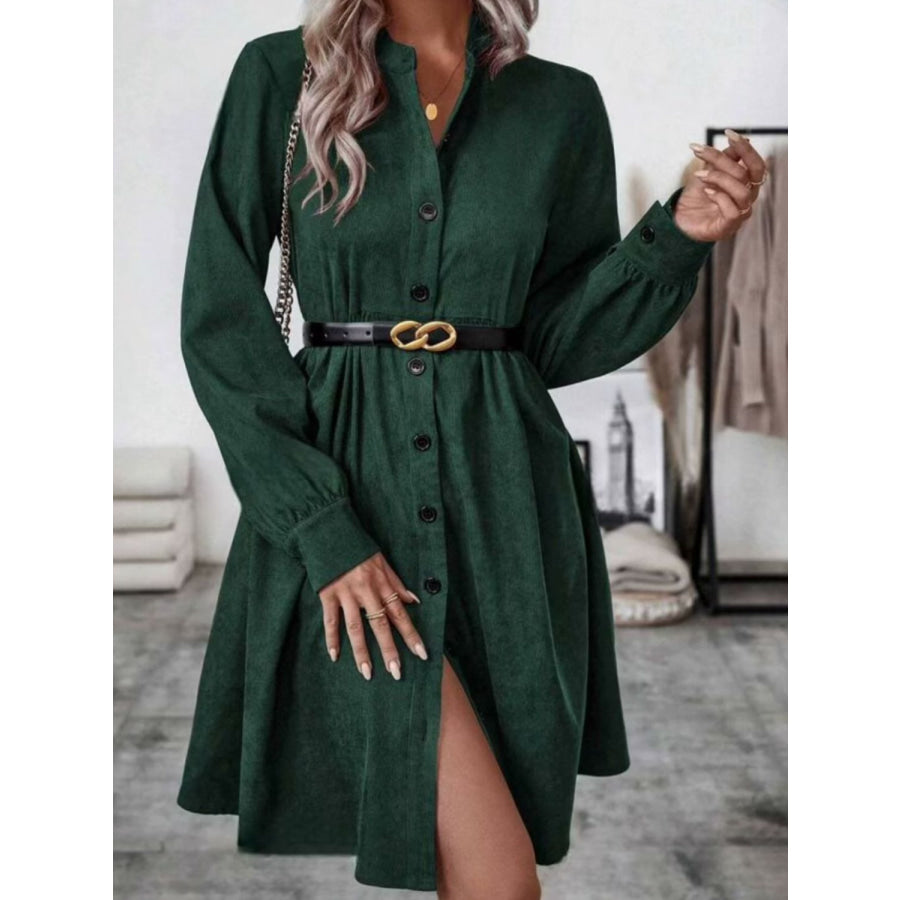 Ruched Button Up Long Sleeve Dress Apparel and Accessories