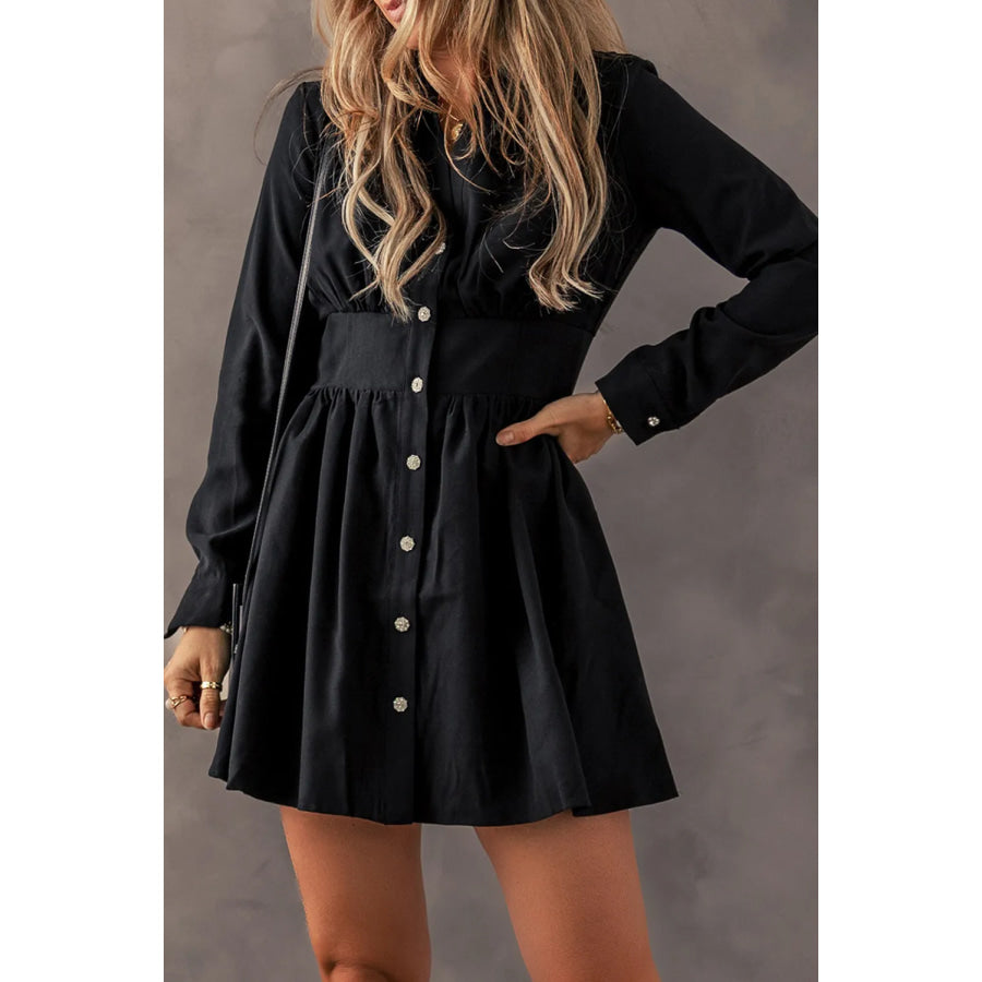 Ruched Button Up Long Sleeve Dress Apparel and Accessories