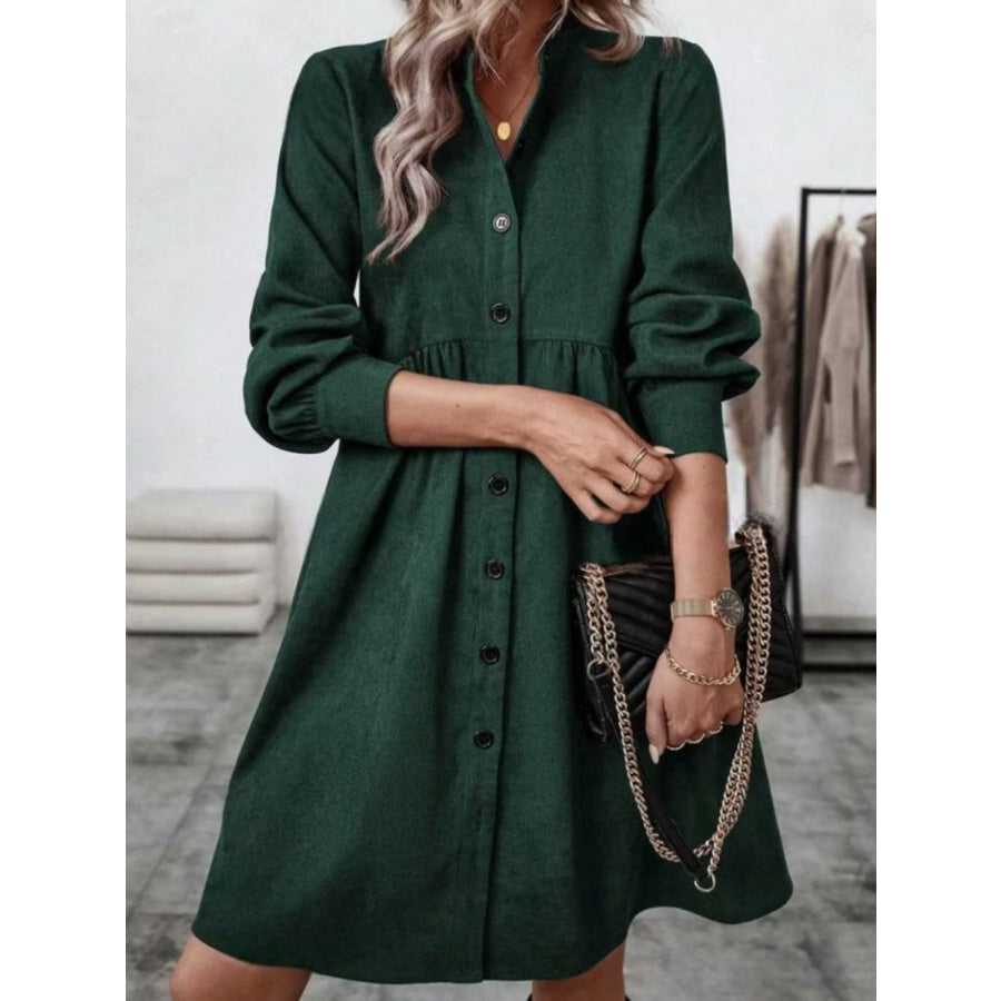 Ruched Button Up Long Sleeve Dress Apparel and Accessories