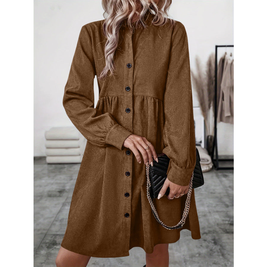 Ruched Button Up Long Sleeve Dress Apparel and Accessories