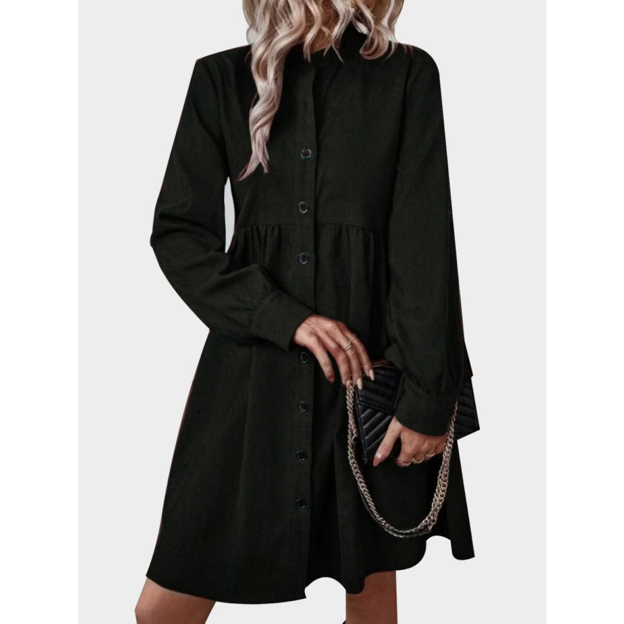 Ruched Button Up Long Sleeve Dress Apparel and Accessories