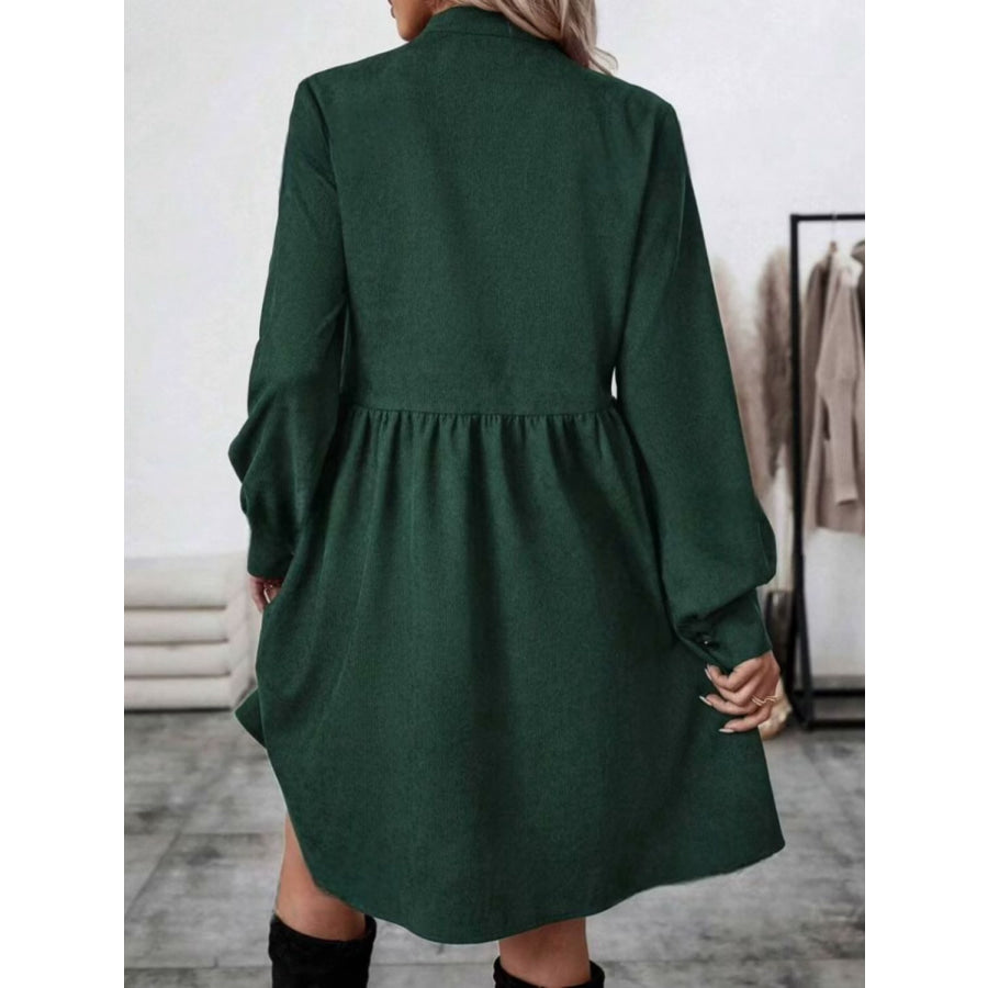 Ruched Button Up Long Sleeve Dress Apparel and Accessories