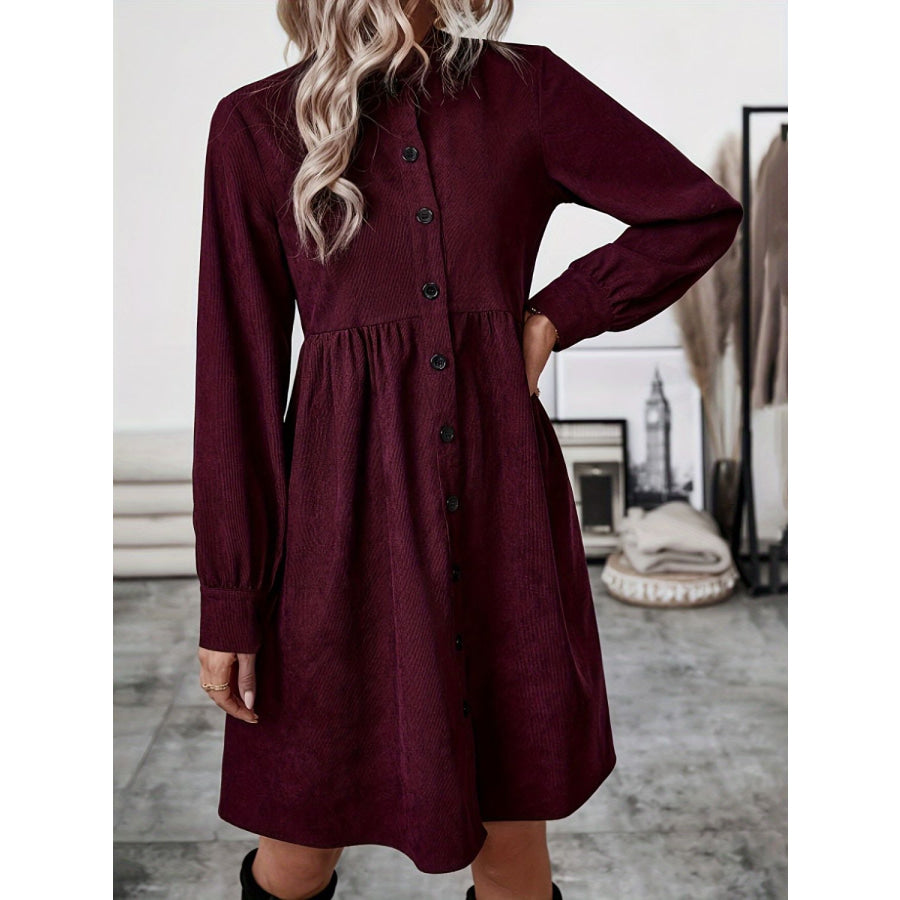 Ruched Button Up Long Sleeve Dress Apparel and Accessories