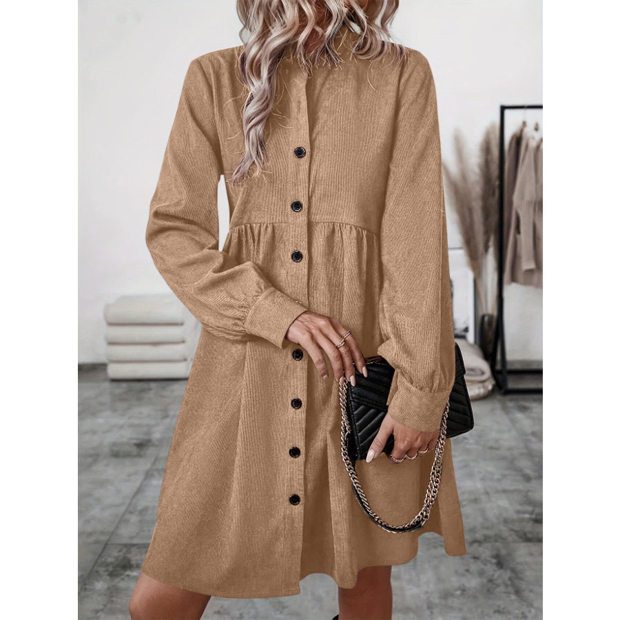 Ruched Button Up Long Sleeve Dress Apparel and Accessories