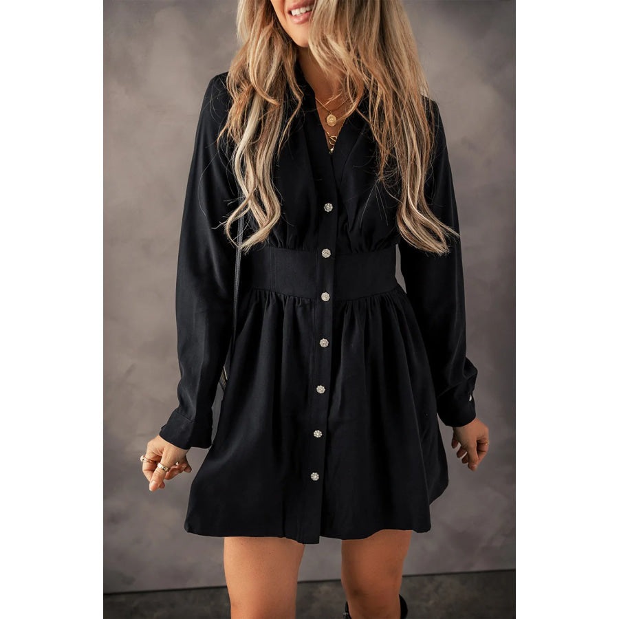 Ruched Button Up Long Sleeve Dress Black / S Apparel and Accessories