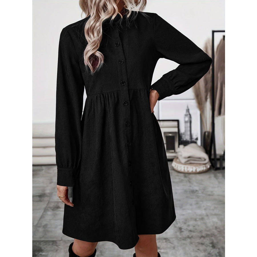 Ruched Button Up Long Sleeve Dress Black / S Apparel and Accessories