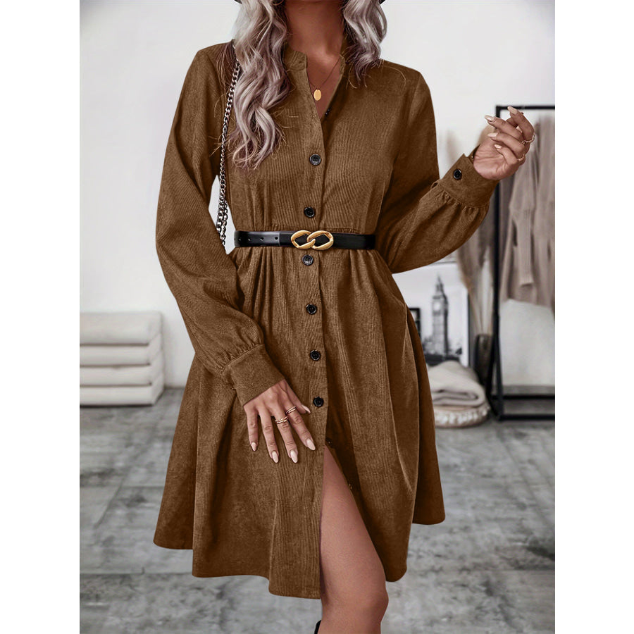 Ruched Button Up Long Sleeve Dress Brown / S Apparel and Accessories