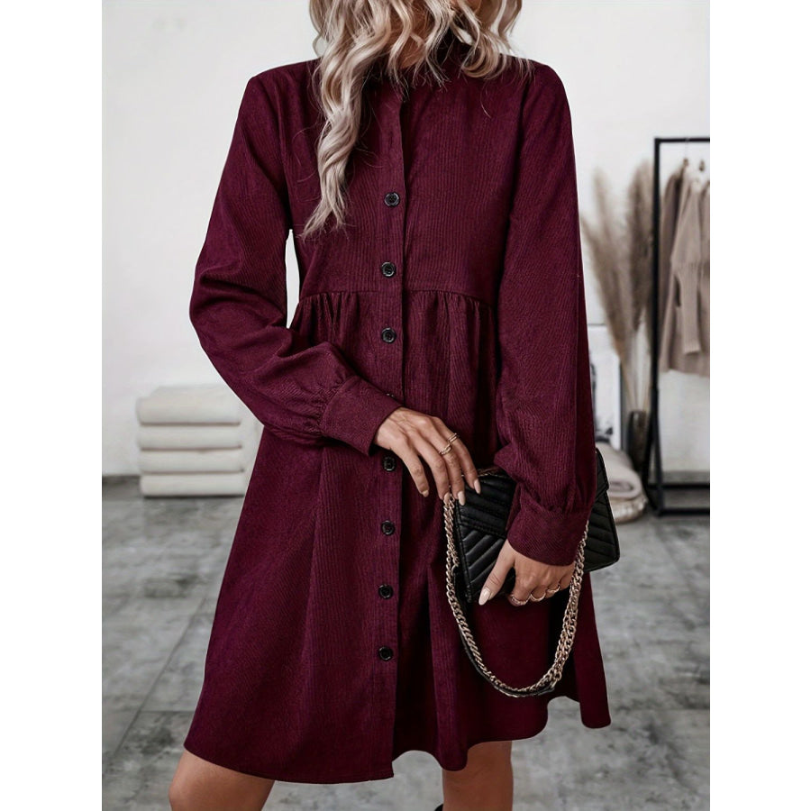 Ruched Button Up Long Sleeve Dress Burgundy / S Apparel and Accessories