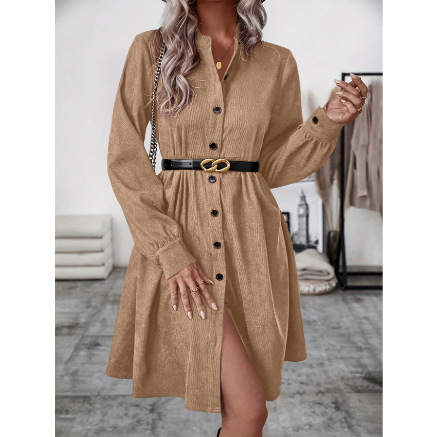 Ruched Button Up Long Sleeve Dress Camel / S Apparel and Accessories